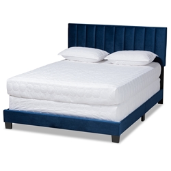 Baxton Studio Clare Glam and Luxe Navy Blue Velvet Fabric Upholstered Queen Size Panel Bed with Channel Tufted Headboard